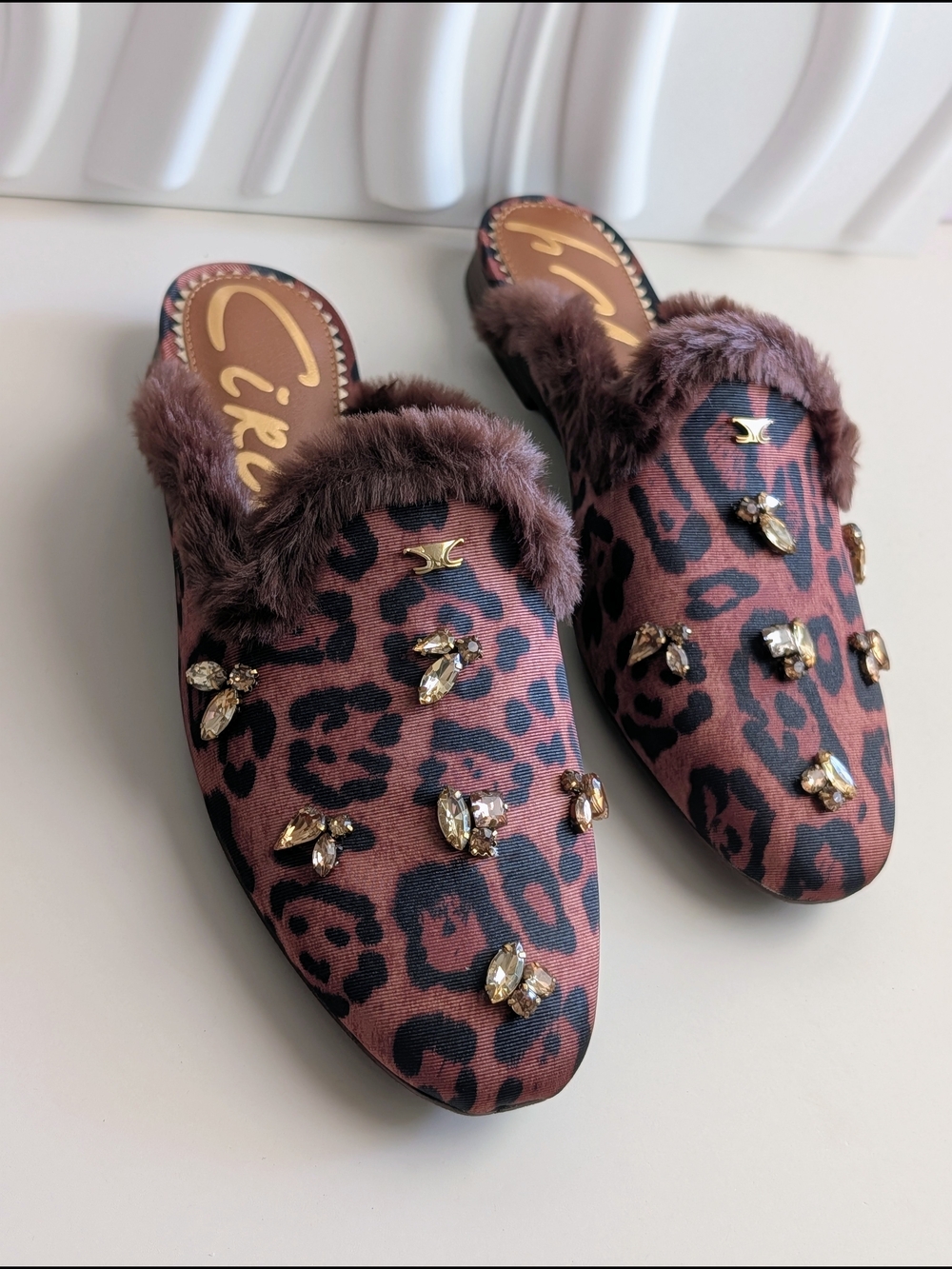 Circus NY Sam Edelman Tillie Leopard Crystal Faux Fur Mules 8 NIB